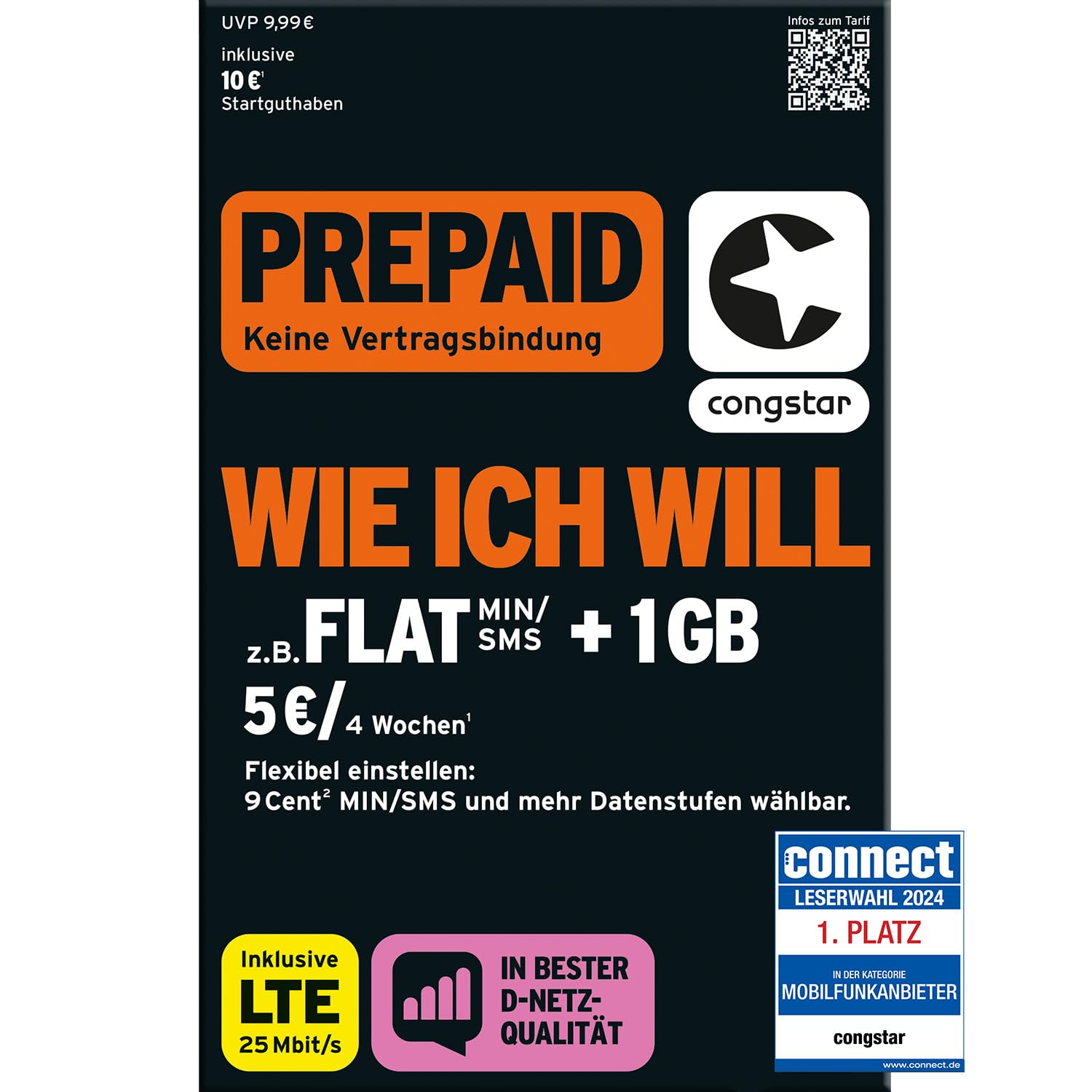 congstar Prepaid WIE ICH Will SIM-Karte ohne Vertrag I Prepaid-Guthaben Wunschmix in D-Netz-Qualität I frei wählen 0-5 MB & 9 Cent pro Min/SMS – Flat I alle 4 Wochen neu Mixen I 10 EUR Startguthaben Angebot bei HelloDeals