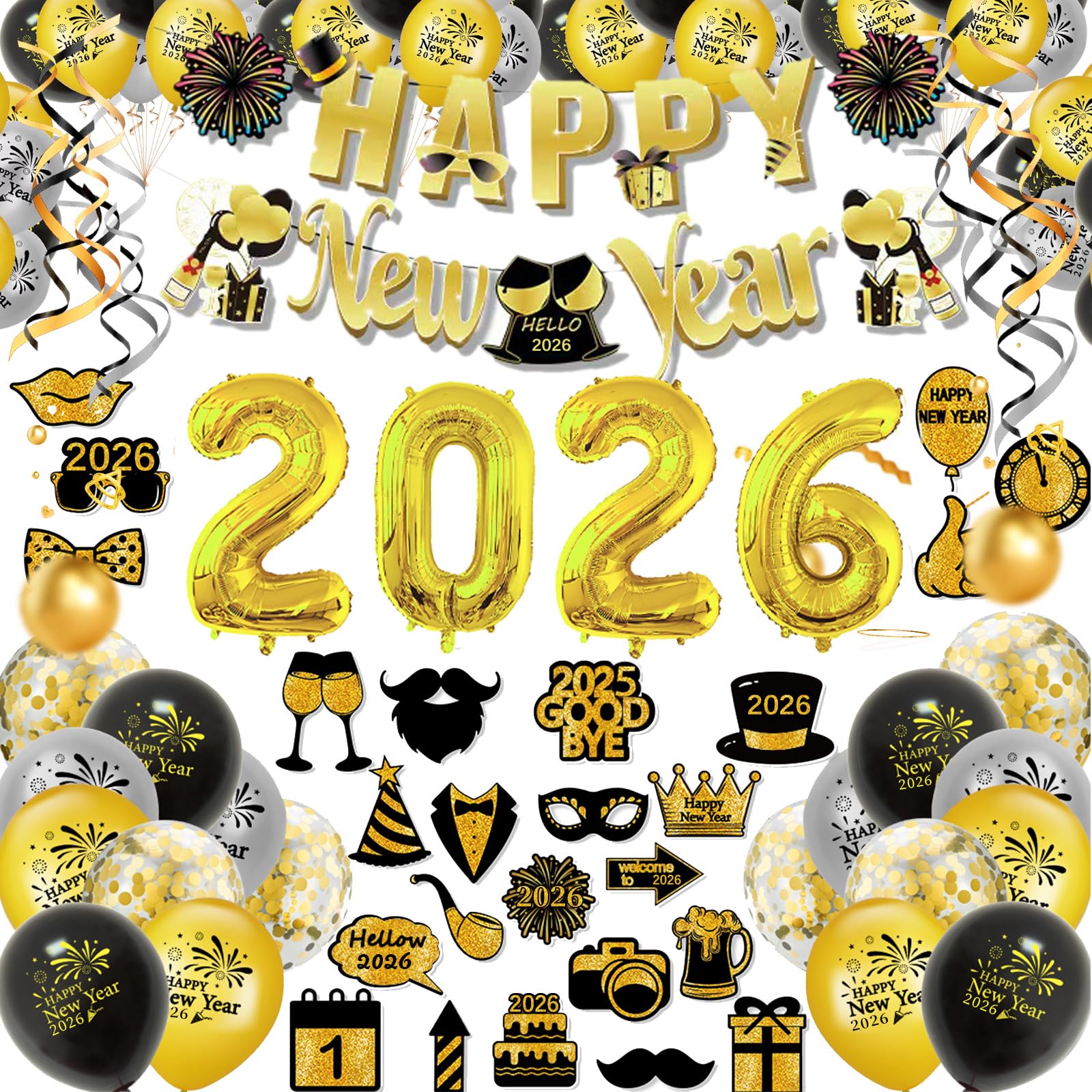 Silvester Deko 2026 Set, Happy New Year Party Deko mit Ballons,&Folienballons, Fotorequisiten,Glänzende 2026 Deko für Silvesterparty & New Year Celebration, Neujahrsdeko Perfekte Deko Silvester 2026 Klein Angebot bei HelloDeals