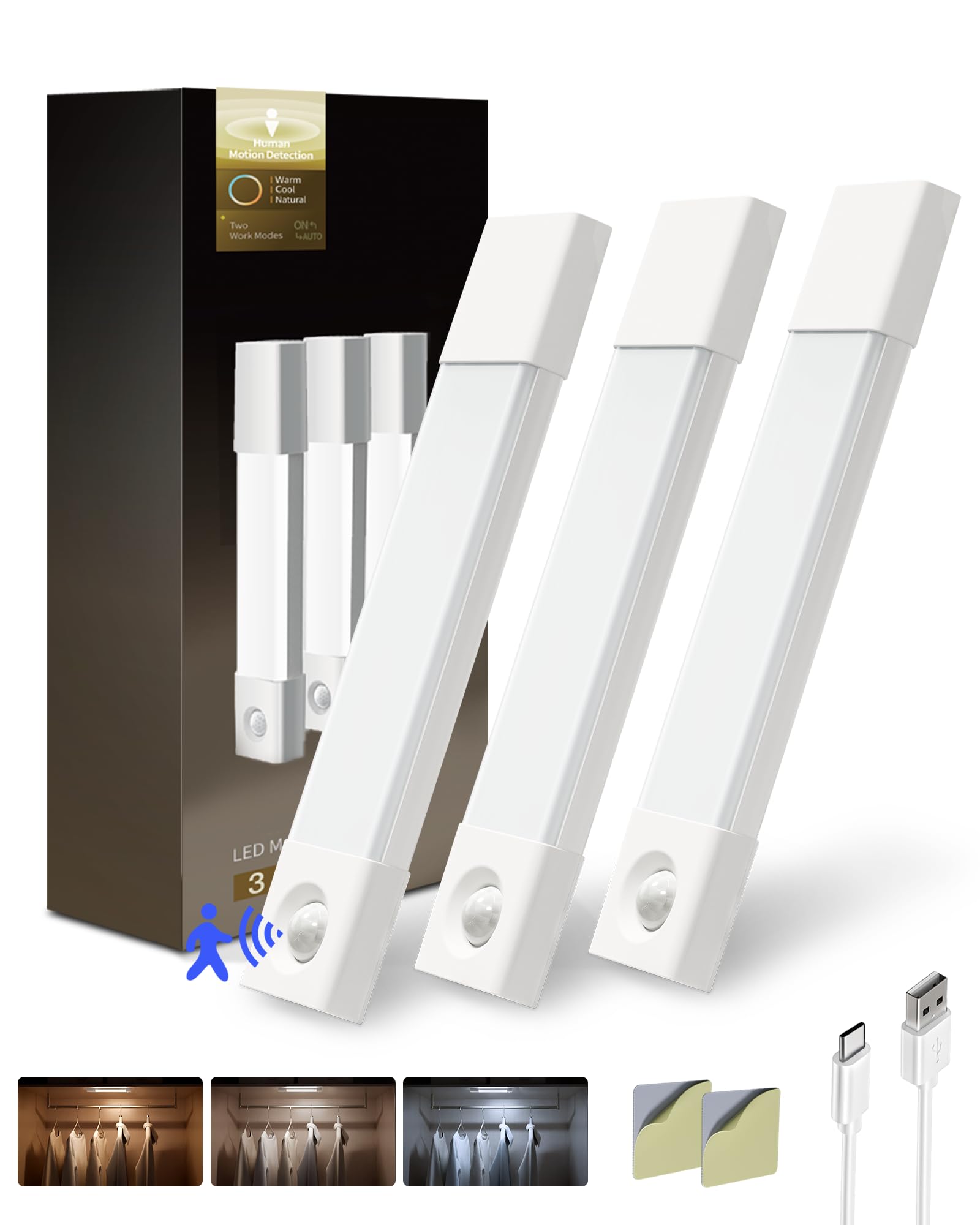 EZVALO Schrankbeleuchtung 20CM*3 Stück,30 LED Schrankleuchte Led mit Bewegungsmelder, Unterbauleuchte Küche LED mit 3 Farbtemperaturen Dimmbar Wiederaufladbar für Kleiderschrank, Küche, Treppe Weiß 20cm*3Stück Angebot bei HelloDeals