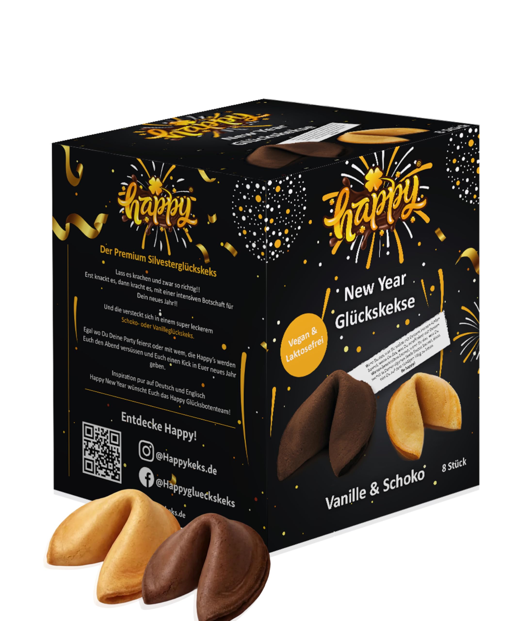 Happy New Year Schoko-Vanille Glückskekse | Silvester Geschenk & Tischdeko mit Sprüchen | vegan & laktosefrei | 8 Stück | Glücksbringer zum Jahreswechsel Angebot bei HelloDeals