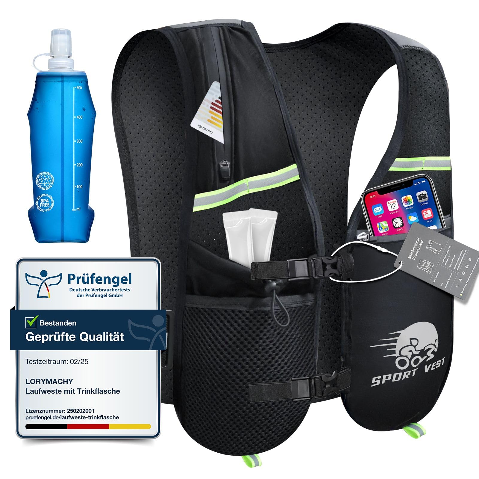 Laufweste Damen Herren - Ultraleicht Running Vest mit 500ml Trinkflasche, 6 Taschen, Atmungsaktiv, Verstellbar, Reflektierende Laufrucksack füR Laufen, Marathon, Wandern, Radfahren Angebot bei HelloDeals