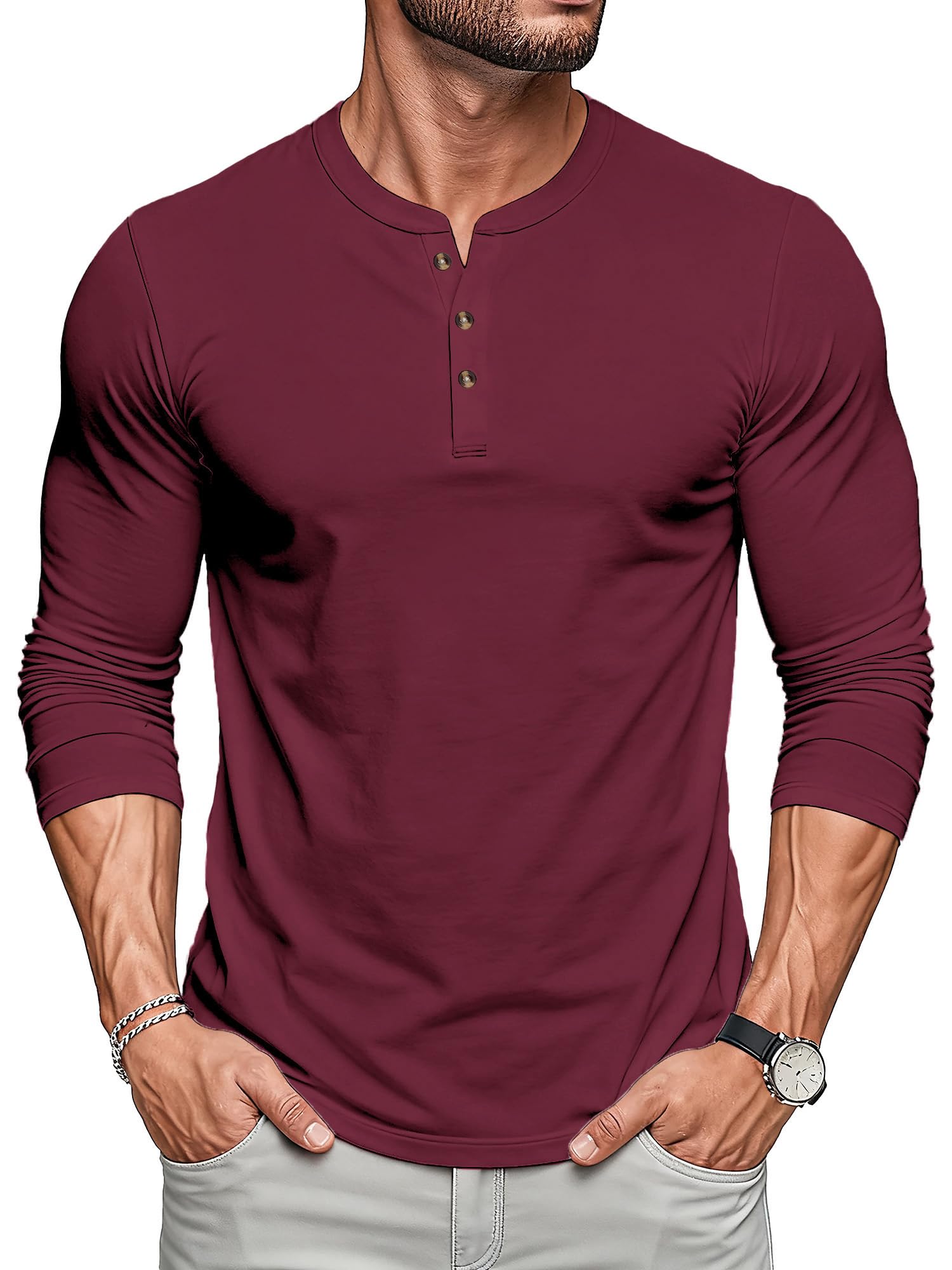 MAGCOMSEN Langarmshirt Herren Baumwolle Henley T-Shirt Longsleeveshirt mit Knöpfen Oberteil Casual Tshirt Freizeit Hemd Weinrot M Angebot bei HelloDeals