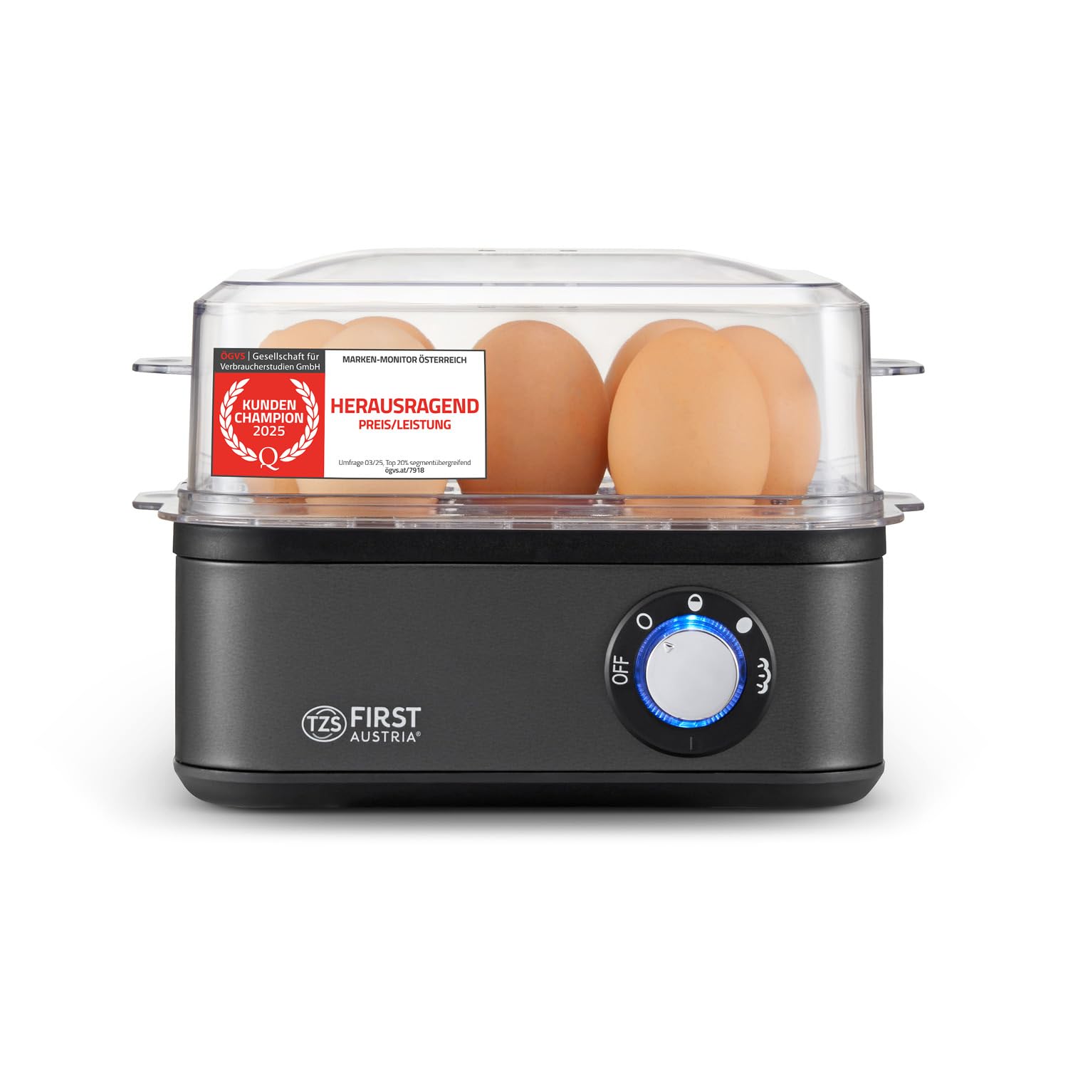 TZS First Austria Eierkocher Grau - 8 Eier Kapazität - 4 Kochstufen inkl. Dampfgarfunktion - Automatische Abschaltung mit Signalton - Trockenkochschutz - Messbecher & Pochierschale - Kompakt & Leicht Angebot bei HelloDeals