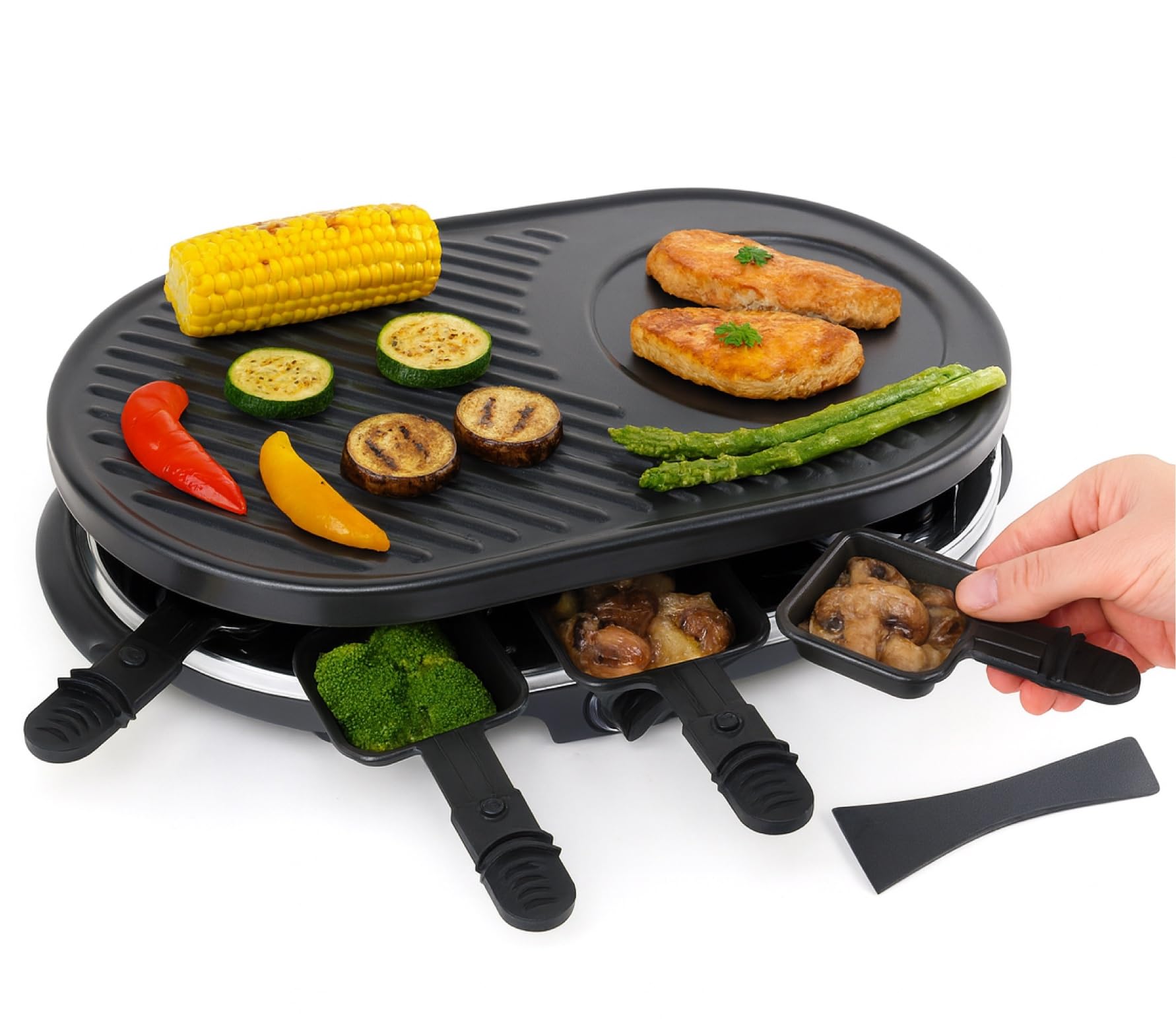 Raclette Set für 8 Personen - Grill oval - Crepes Funktion - Tischgrill inkl. Pfännchen & Schaber mit Grillplatte - (RUND) Angebot bei HelloDeals