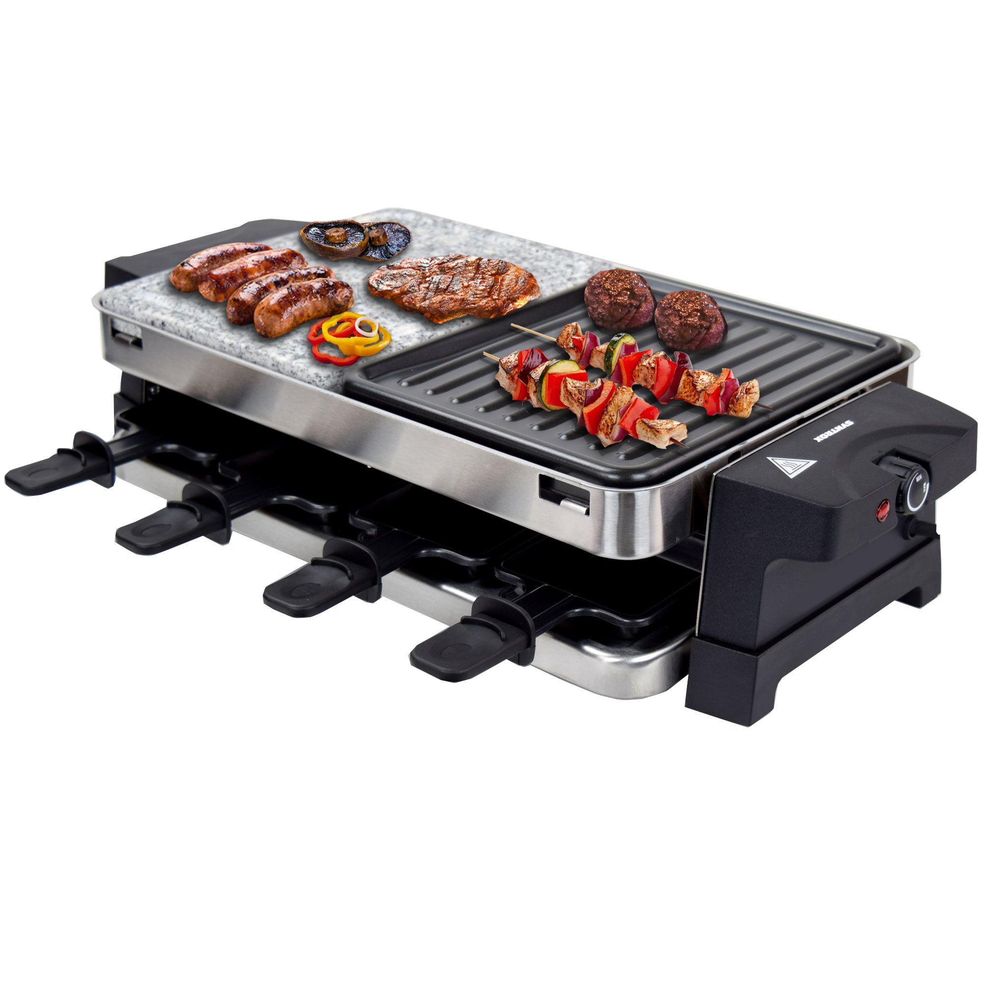 Syntrox Germany Raclette Bernus 8 Personen, 1500W Multifunktions-Grill mit Heißem Stein und Antihaft-Platte, Edelstahl inkl. 8 Pfännchen Angebot bei HelloDeals