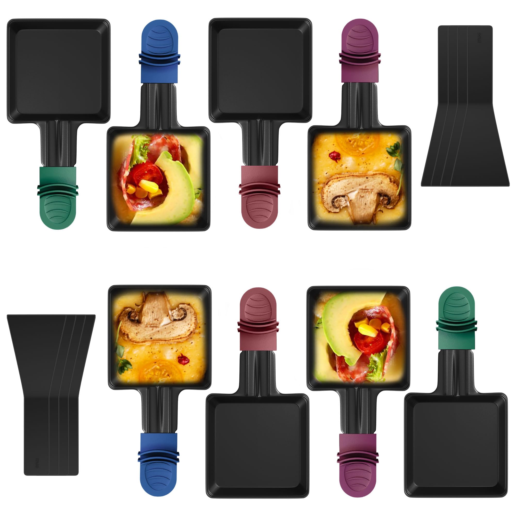 8er Set Raclette Pfännchen antihaftbeschichtet, Mini Grill Pfännchen Ersatz mit 8 Schaber und buntem wärmeisoliertem Griff, Grillen von Käse, Eiern Angebot bei HelloDeals