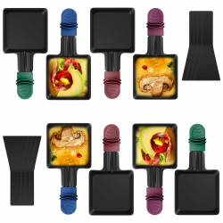 8er Set Raclette Pfännchen antihaftbeschichtet, Mini Grill Pfännchen Ersatz mit 8 Schaber und buntem wärmeisoliertem Griff, Grillen von Käse, Eiern Angebot bei HelloDeals
