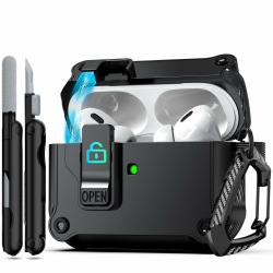 RFUNGUANGO Kompatible AirPods Pro 2 Schutzhülle, Automatische Pop-up-Funktion, Stoßfest, Fallfest, Kompatibel mit AirPods Pro 2./1. Generation Schutzhüllen (2023/2022/2019), Schwarz A-A-Schwarz AirPods Pro 2nd/1st Hülle Angebot bei HelloDeals