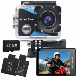 Action Cam1080P mit 32GB Speicherkarte, Unterwasserkamera wasserdicht bis 30M, Actionkamera mit 2×900 mAh wiederaufladbare Akkus und Zubehör-Set A6B-32GB Angebot bei HelloDeals