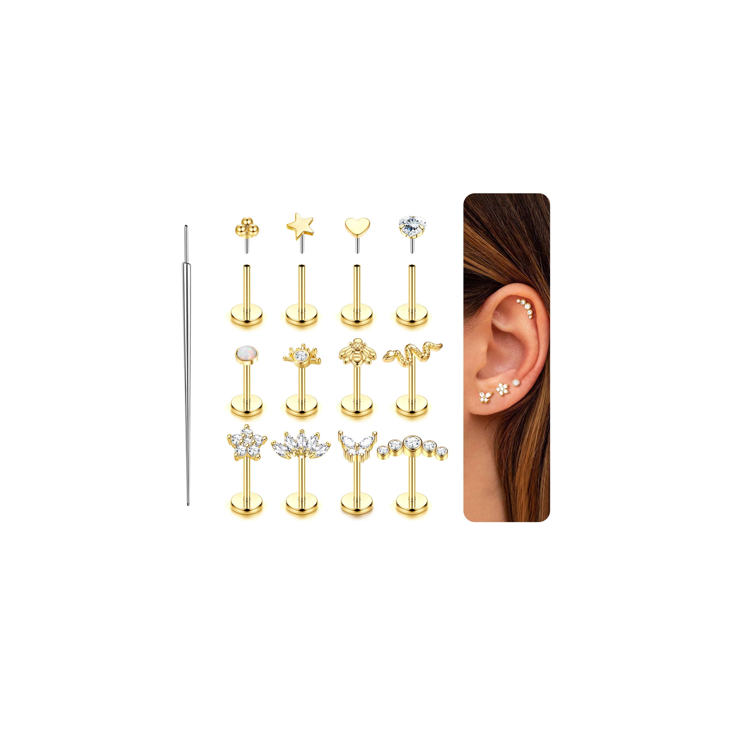 MILACOLATO 16G/18G/20G Helix Piercings Chirurgenstahl Nasenpiercing Stecker Gewindelose Einschieben Flat Piercing Ohr Gold Silber Ohrringe Piercings Tragus Labret Rook Conch Lippenpiercing 6/8mm 14k Gold+16g(1,2mm)+8mm Stange Angebot bei HelloDeals