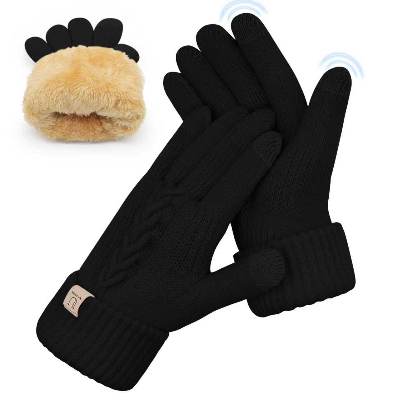 Handschuhe Winter Damen, Doppelte Thermo mit Fleecefutter Touchscreen Strick wollhandschuhe Laufen Radfahren Fahren für Damen Herren Schwarz Angebot bei HelloDeals