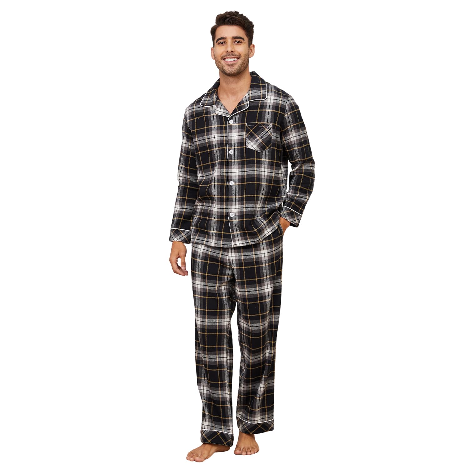 Vulcanodon Herren Pyjama Set Baumwolle karriert, Schlafanzug Herren weicher Druck Pyjamas für Männer, leichte warme Pyjamas mit Taschen Schwarz Gelb Kariert L Angebot bei HelloDeals