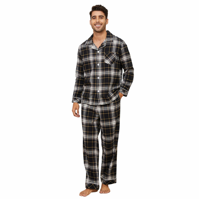 Vulcanodon Herren Pyjama Set Baumwolle karriert, Schlafanzug Herren weicher Druck Pyjamas für Männer, leichte warme Pyjamas mit Taschen Schwarz Gelb Kariert L Angebot bei HelloDeals