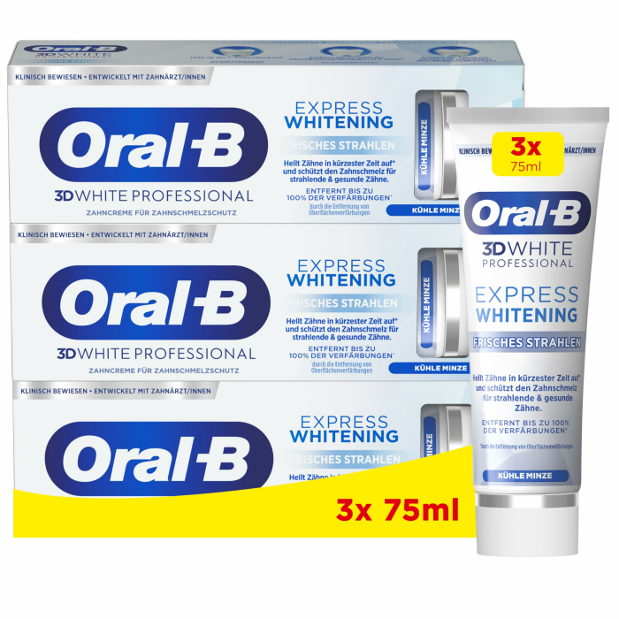 Oral-B 3D White Professional Express Whitening Zahnpasta/Zahncreme/Toothpaste für ein Frisches Strahlen, Zahnaufhellung in kürzester Zeit, Kühle Minze — 1x75ml (Packung mit 3) 75 ml (3er Pack) Angebot bei HelloDeals