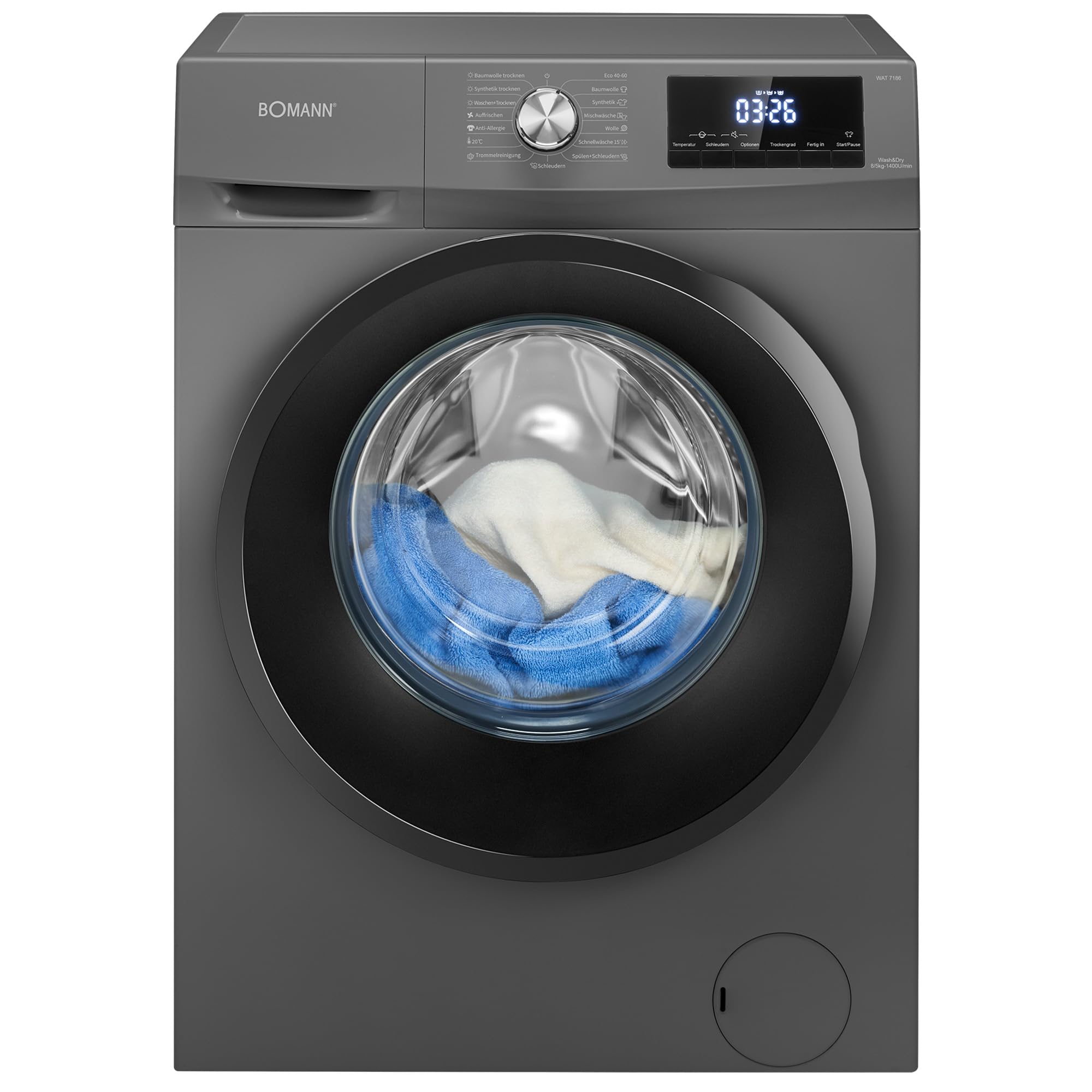 Bomann® Waschtrockner | Waschen und Trocknen | 10 Jahre Motor-Garantie | 8 kg Waschen, 5 kg Trocknen | Invertermotor | 1400 U/Min | Waschmaschine mit Trockner integriert | WAT 7186 titan Angebot bei HelloDeals