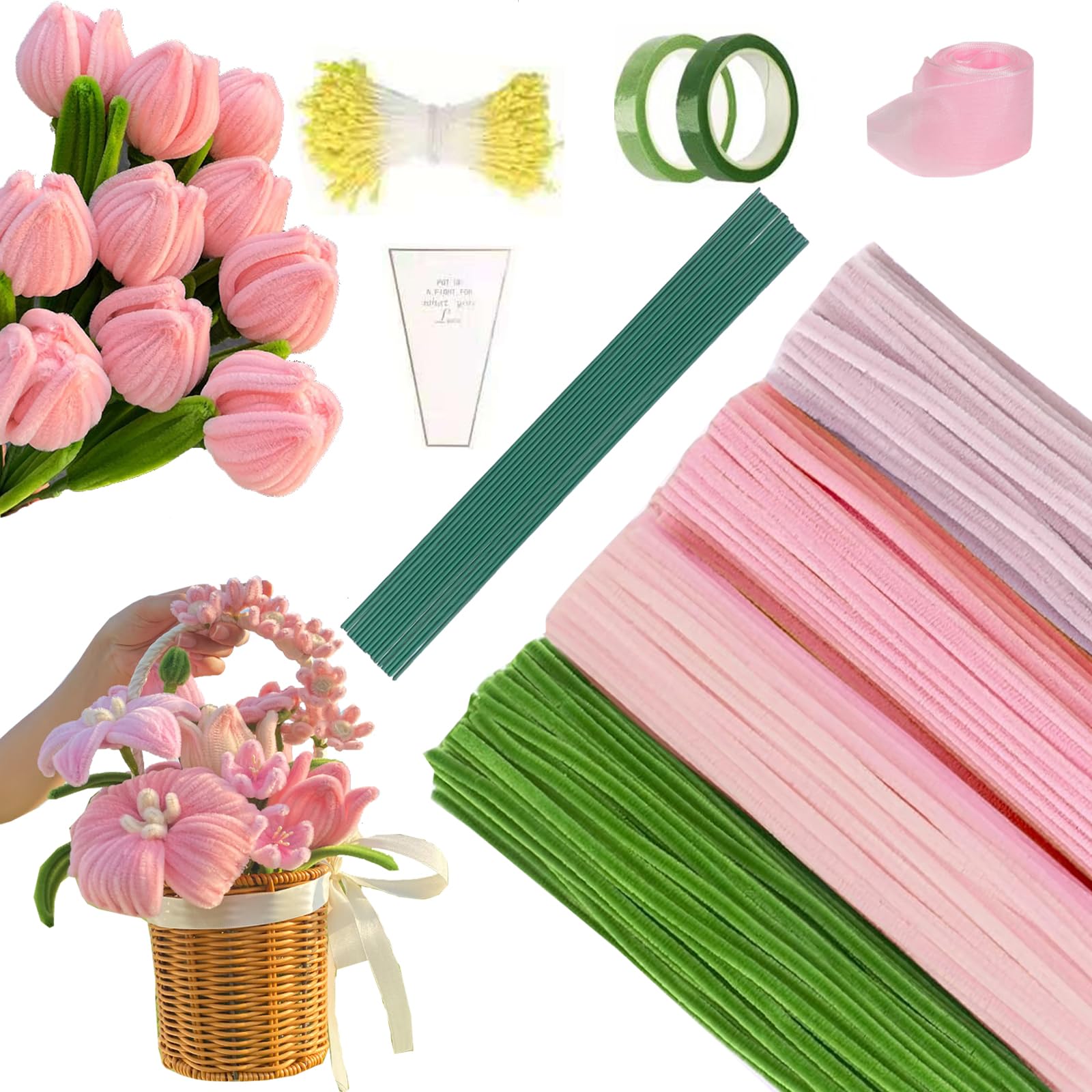 400 Stück Pfeifenputzer zum Basteln,Pfeifenreiniger Blumen Set,4 Farben Pfeifenreiniger zum Basteln,mit Blumendraht,Schleifenband,Blumen Staubblatt für Blumenstrauß DIY Dekorationen Rosa Angebot bei HelloDeals