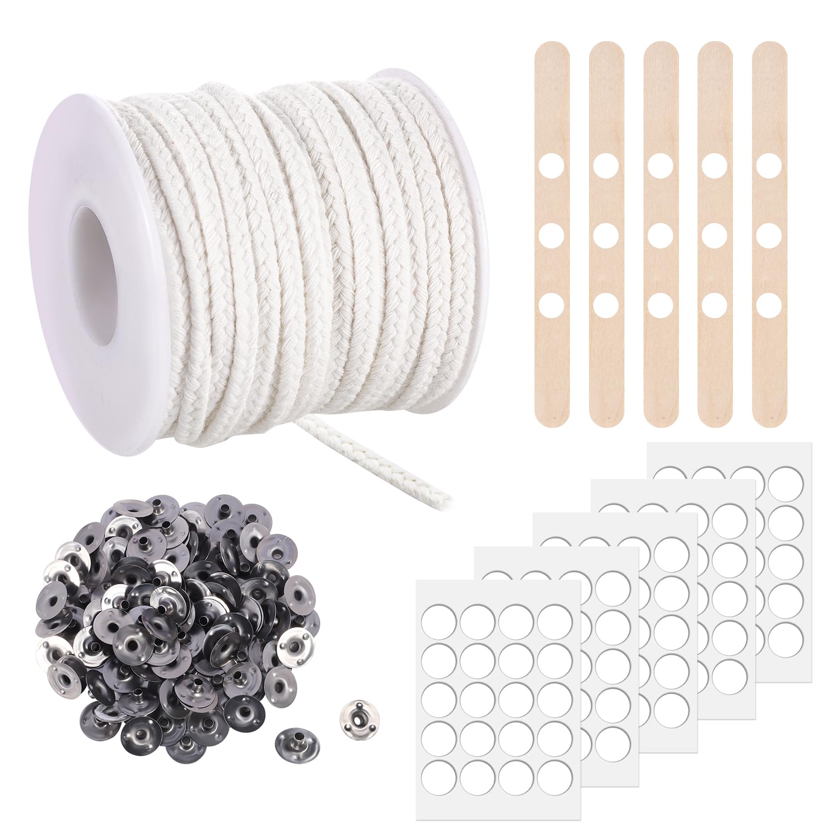 1600cm Kerzendocht Set - 75 Stränge für Dicke Kerzen Mit 100 Metallbasis Aufkleber - Baumwolle Dochten Rolle für Ostern Hochzeit 16M x 4mm Angebot bei HelloDeals
