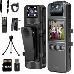 128GB 4K Bodycam mit 180°Drehlinse, Sportkamera mit 6 Stunden Akku, Nachtvision, tragbare Kamera für Haustiere, Büro, Sicherheitsarbeit Polizeistrafverfolgung (4K-128G-H82) H82-4K-128G Angebot bei HelloDeals