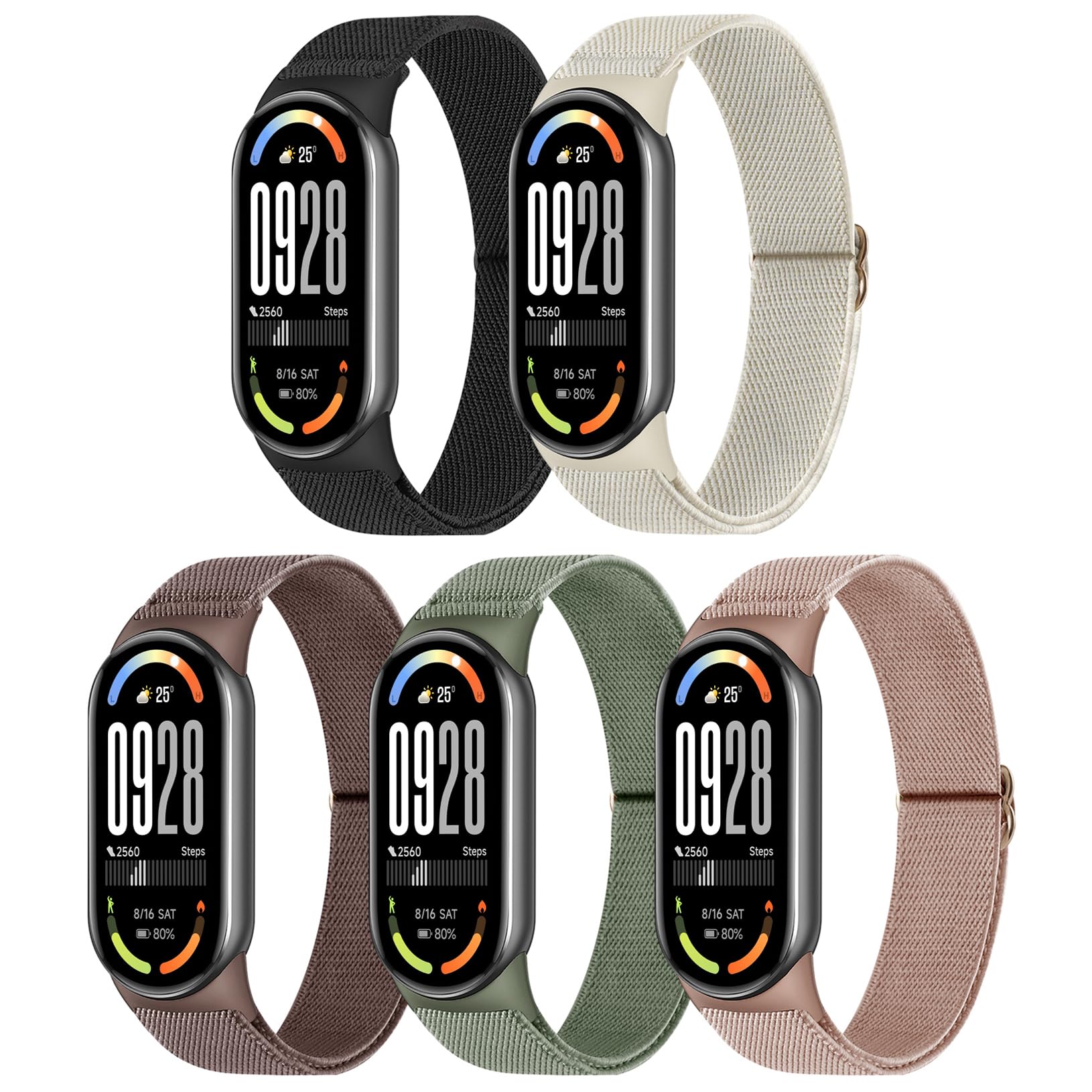 5 Stück Xiaomi Mi Band 10/9/8 Armbands Herren Damen, verstellbare Dehnbare Nylon Armbänder Sport Ersatzarmband für Xiaomi Smart Band 10/9/8 Black/Starlight/Cactus Green/Rose Pink/Smoke Purple Angebot bei HelloDeals