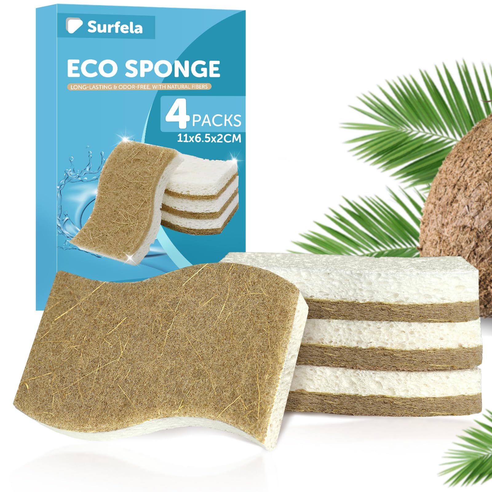4 Stück Putzschwamm Küchenschwamm Waschbar, Naturschwamm, Hergestellt aus Biologisch Abbaubarer Zellulose und Kokosfaser, Kompostierbarer Schwamm für Geschirr, Küche, Bad Angebot bei HelloDeals