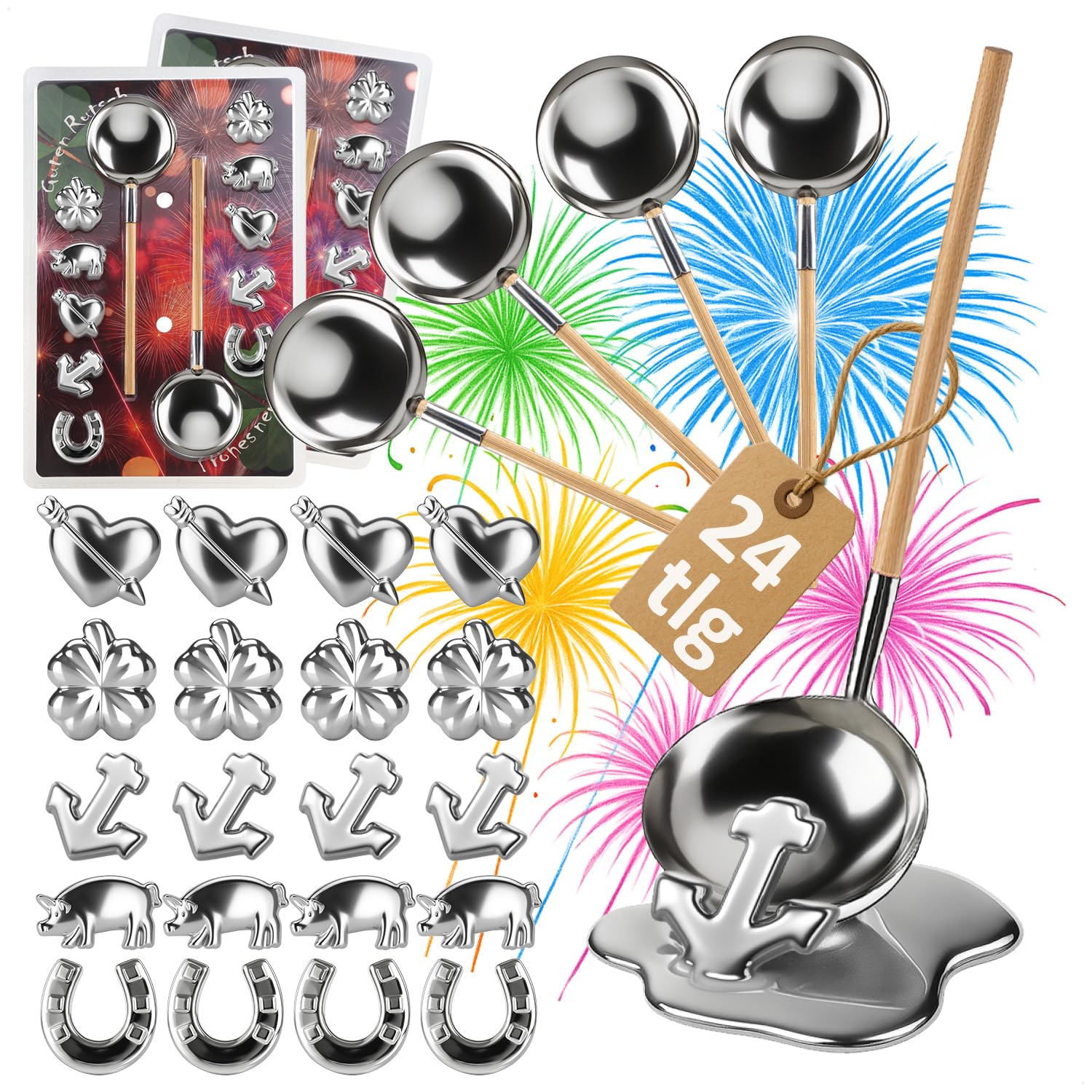 24-teiliges Zinngießen-Set mit Figuren und Holzstiel-Löffel - Silvestergießen Partyspiel zum Wahrsagen & Orakeln - Gesunde Alternative zum Bleigießen - Familien-Spaß Angebot bei HelloDeals