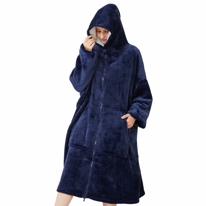 Reißverschluss Hoodie Decke Damen Kuscheldecke mit Ärmeln Übergroße Kuschelpullover Frauen Herren Tragbare Decken mit Kapuze Tasche Blau Angebot bei HelloDeals