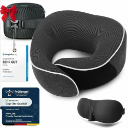 Proglobe Nackenkissen Flugzeug, Reisekissen 100% Memory Foam, Orthopädisches Nackenhörnchen, Für Reisen mit Flugzeug, Auto, Zug, Mit 3D-Schlafmaske, Hochwertige Netztasche (Dunkelgrau) Angebot bei HelloDeals
