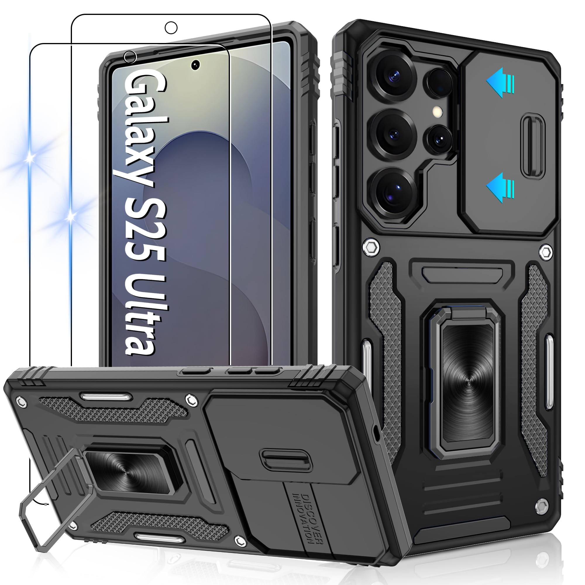 Handyhülle für Samsung Galaxy S25 Ultra Hülle Kameraschutz mit 2 Stück Schutzfolie Militärstandard Stoßfest Schutzhülle 360° Metall Ring Ständer Case für Galaxy S25 Ultra,Schwarz Samsung Galaxy S25 Ultra Schwarz Angebot bei HelloDeals