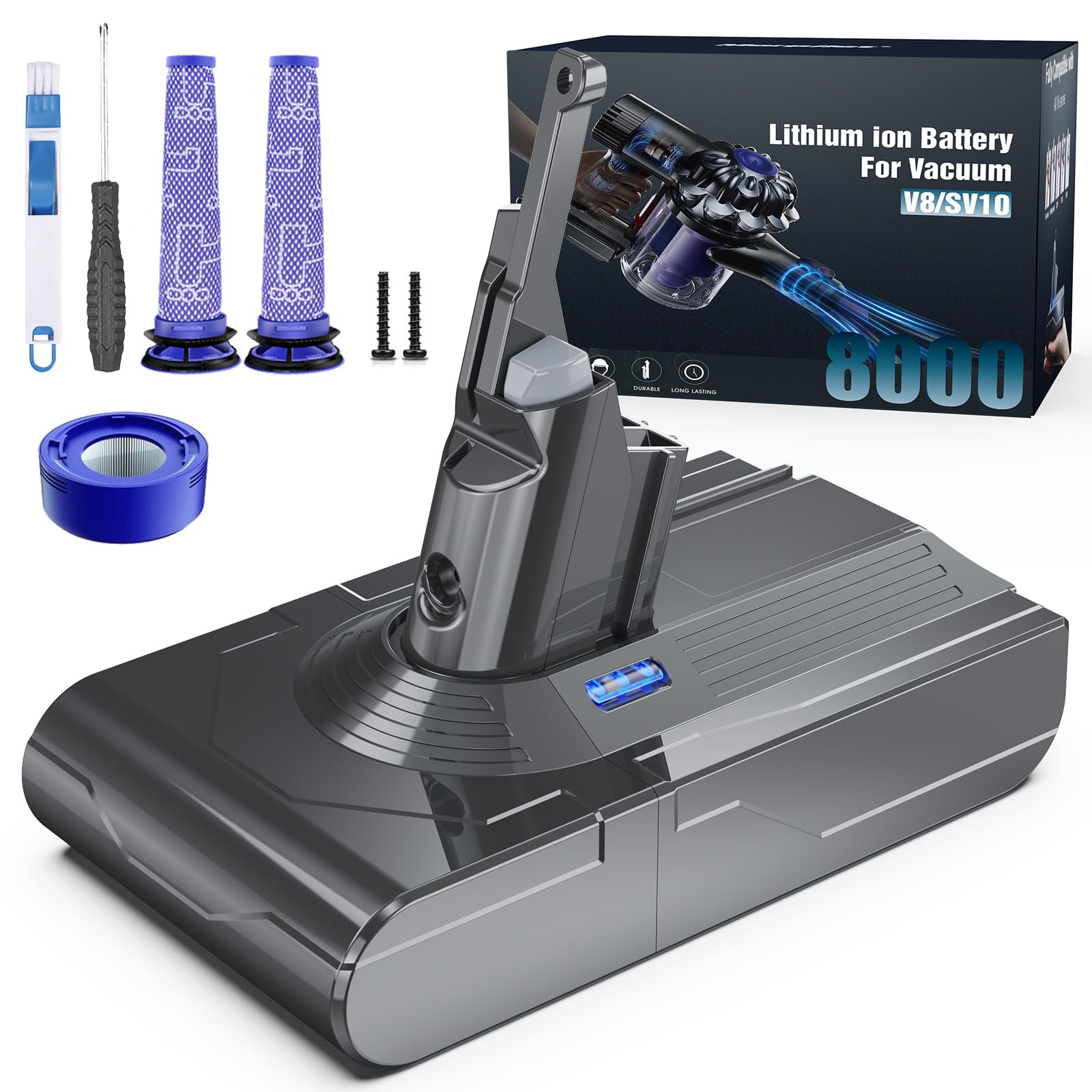 V8 Akku 8000mAh, Morpilot Ersatzakku für Dyson Absolute Animal Motorhead Exclusive Staubsauger Fluffy mit 3 Filtern V8 8.0Ah + Filter Angebot bei HelloDeals