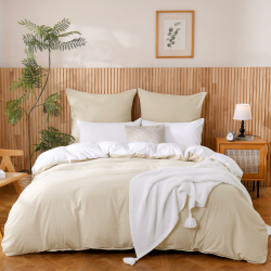 ATsense Bettwäsche 200x200 Baumwolle 3teilig, Stonewashed Bettwäsche-Sets Hell Taupe und Weiß Ähnlich wie Leinen, Oeko-TEX, Hypoallergen und Atmungsaktiv, 1 Bettbezug und 2 Kissenbezug 80x80 200 x 200 cm [3teilig] Hell Taupe & Weiß Angebot bei HelloDeals