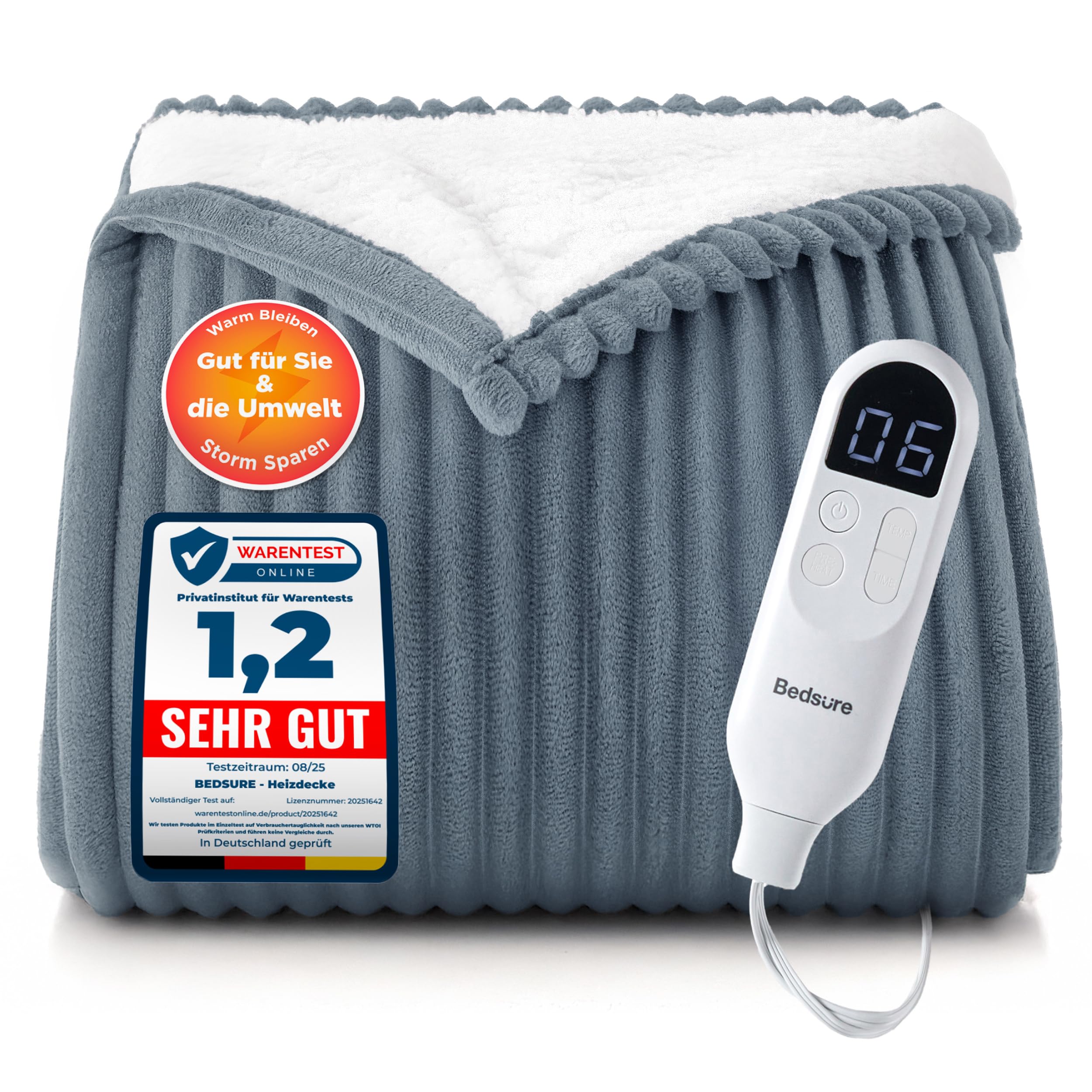BEDSURE Heizdecke mit Abschaltautomatik 180x200cm - Wärmedecke mit 6 Heizstufen & 10 Stunden Timer, bis zu 8 Stunden Überhitzungsschutz, Elektrische Kuscheldecke für Home & Office, Gestreift Grau 180 x 200 cm Grau Angebot bei HelloDeals