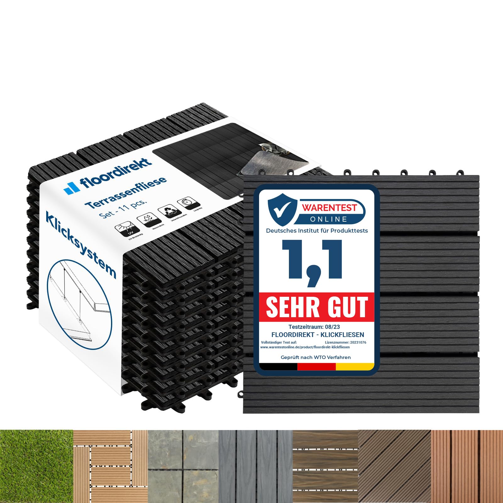 Floordirekt WPC Fliesen 30x30 cm, 1m² = 11 Terrassenfliesen, Klickfliesen, Balkonfliesen in Holzoptik - Bodenbelag für Balkon & Terrasse - wetterfest mit Drainagefunktion | Anthrazit | Royal 1m² | 30x30cm Anthrazit Angebot bei HelloDeals