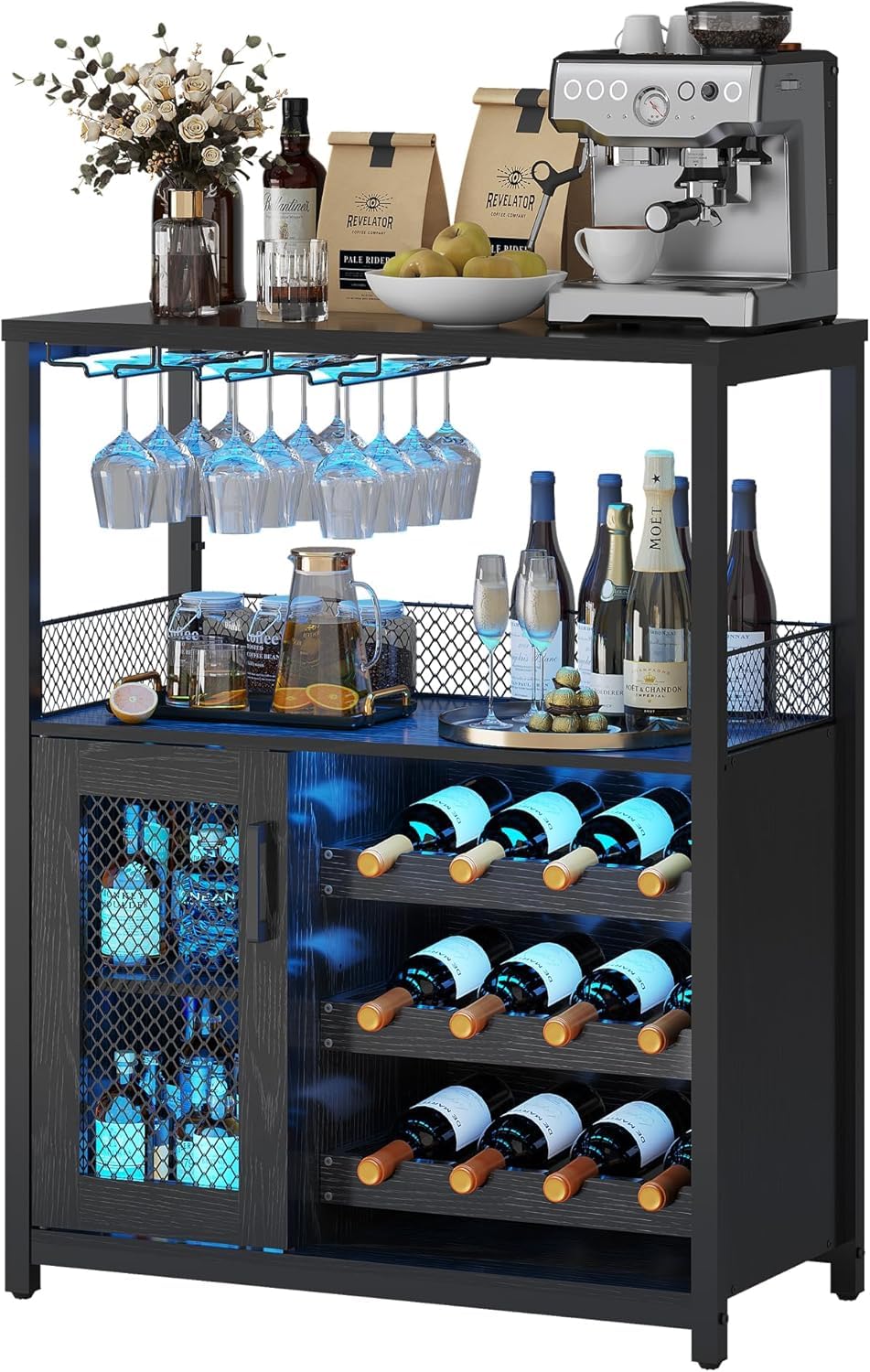 Garvee Weinschrank Weinregal Industrial mit Led Licht Barschrank mit Verstellbarem Weinregal und Glashalter Getränkeaufbewahrung Weinbarschrank für Küche Esszimmer Wohnzimmer 70x35x92 cm Schwarz Schwarz mit Licht Angebot bei HelloDeals