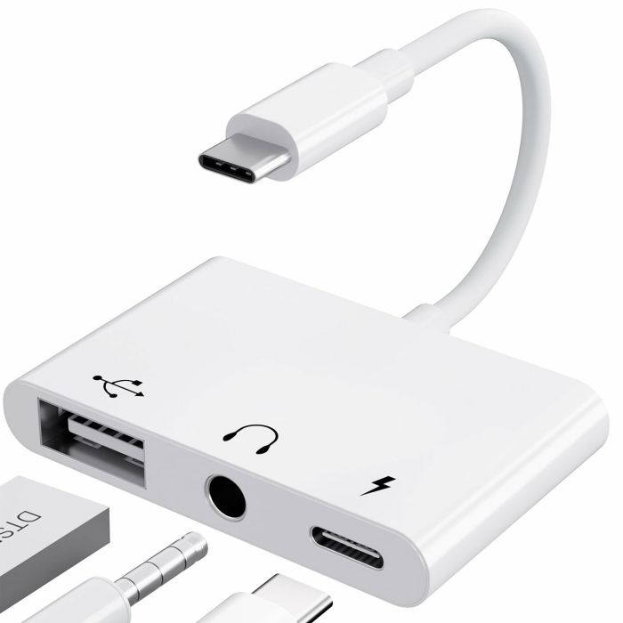 【3 in 1】 Adapter USB C auf USB 3,5 Klinke Kopfhörer mit 60W Ladegerät OTG Adapter, Aux Kabel USBC für iPhone 15/16, Samsung Galaxy S24/S23/S22/S21 i-Pad Pro Air Laptops und andere Typ-C-Geräte Large Angebot bei HelloDeals