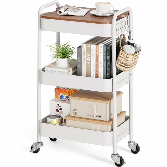 KINGRACK Rollwagen mit 3 Ebenen, Metallwagen mit abnehmbarem Holztablett, Aufbewahrung, Kunstwagen, Trolley, Organizer, Servierwagen, einfache Montage Weiß + Holzbrett 3-stufiger Ständer Angebot bei HelloDeals