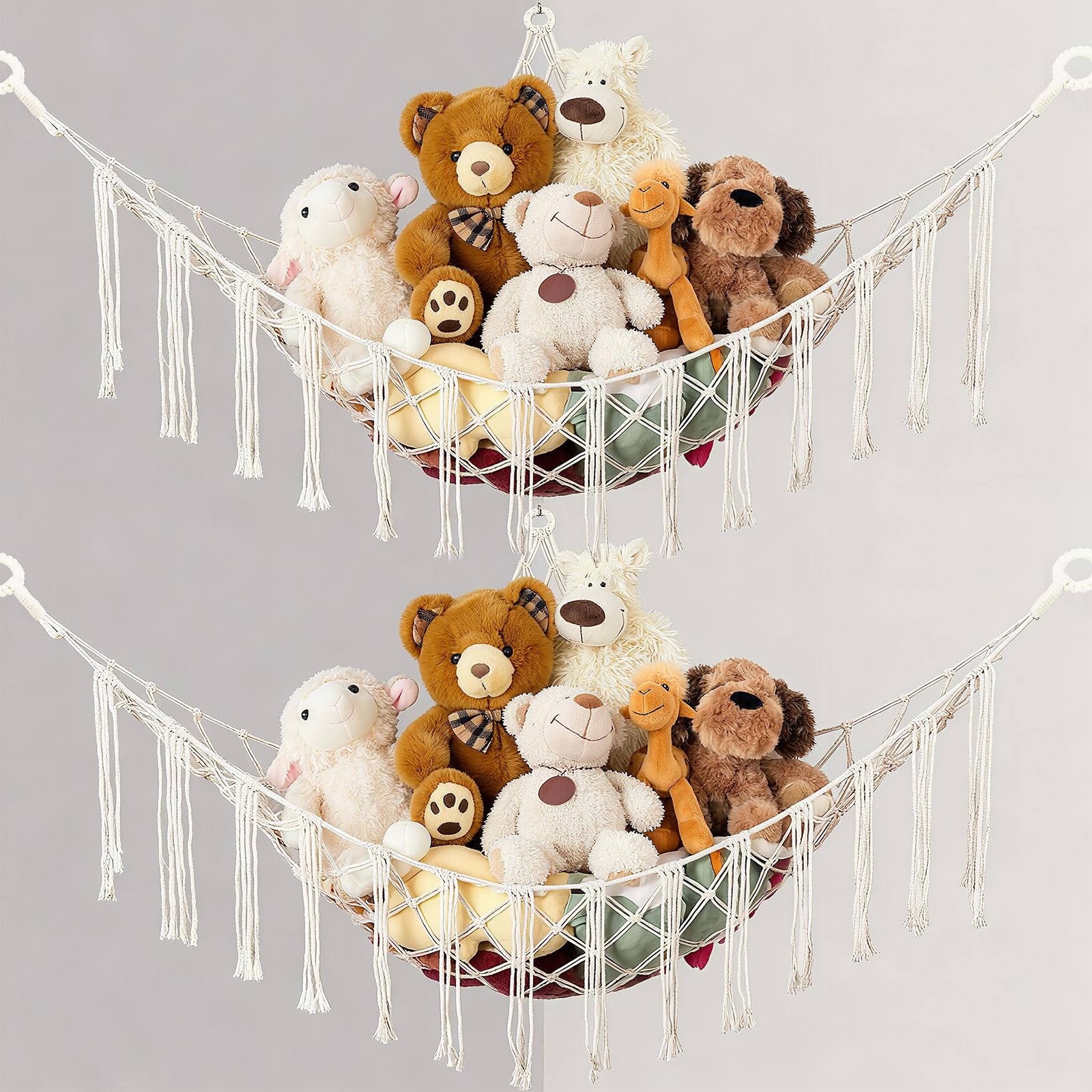 2 stück Kuscheltier Aufbewahrung Netz, Teddybär-Aufbewahrungstasche zum Aufhängen, Bohemian-Stil-Spielzeug-Hängematte Zimmerecke Aufbewahrungsnetz für Kinderzimmer, Beige Angebot bei HelloDeals