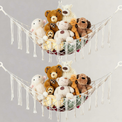 2 stück Kuscheltier Aufbewahrung Netz, Teddybär-Aufbewahrungstasche zum Aufhängen, Bohemian-Stil-Spielzeug-Hängematte Zimmerecke Aufbewahrungsnetz für Kinderzimmer, Beige Angebot bei HelloDeals