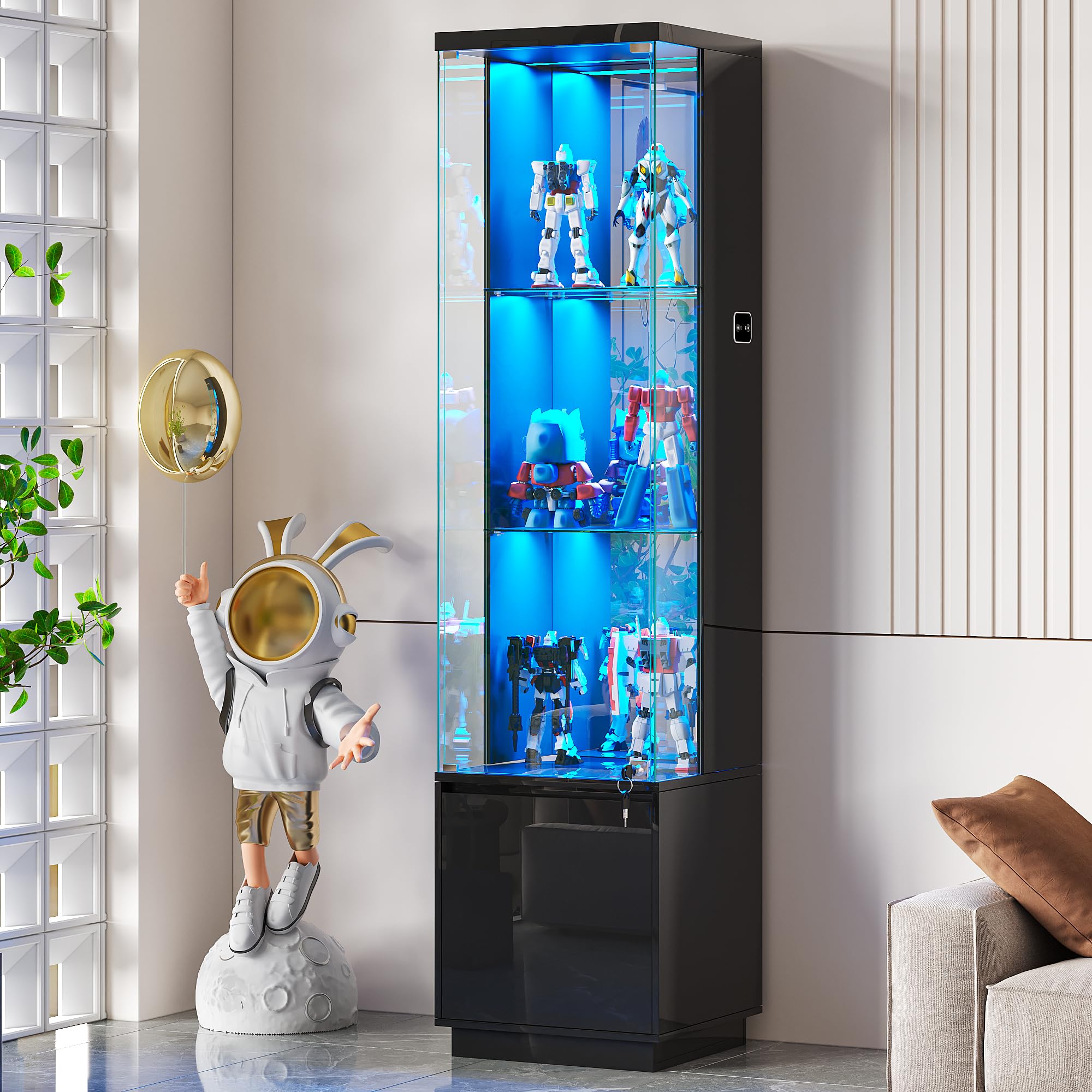 Lvifur Glasvitrine mit LED Beleuchtung und Schubladen,Vertikale Vitrine mit Intelligente Sensorik,Glas Holz Vitrinenschrank 3-Lagen Sammlervitrine für Sammlerstücke,Wein,Wohnzimmer,Schlafzimmer Schwarz Angebot bei HelloDeals