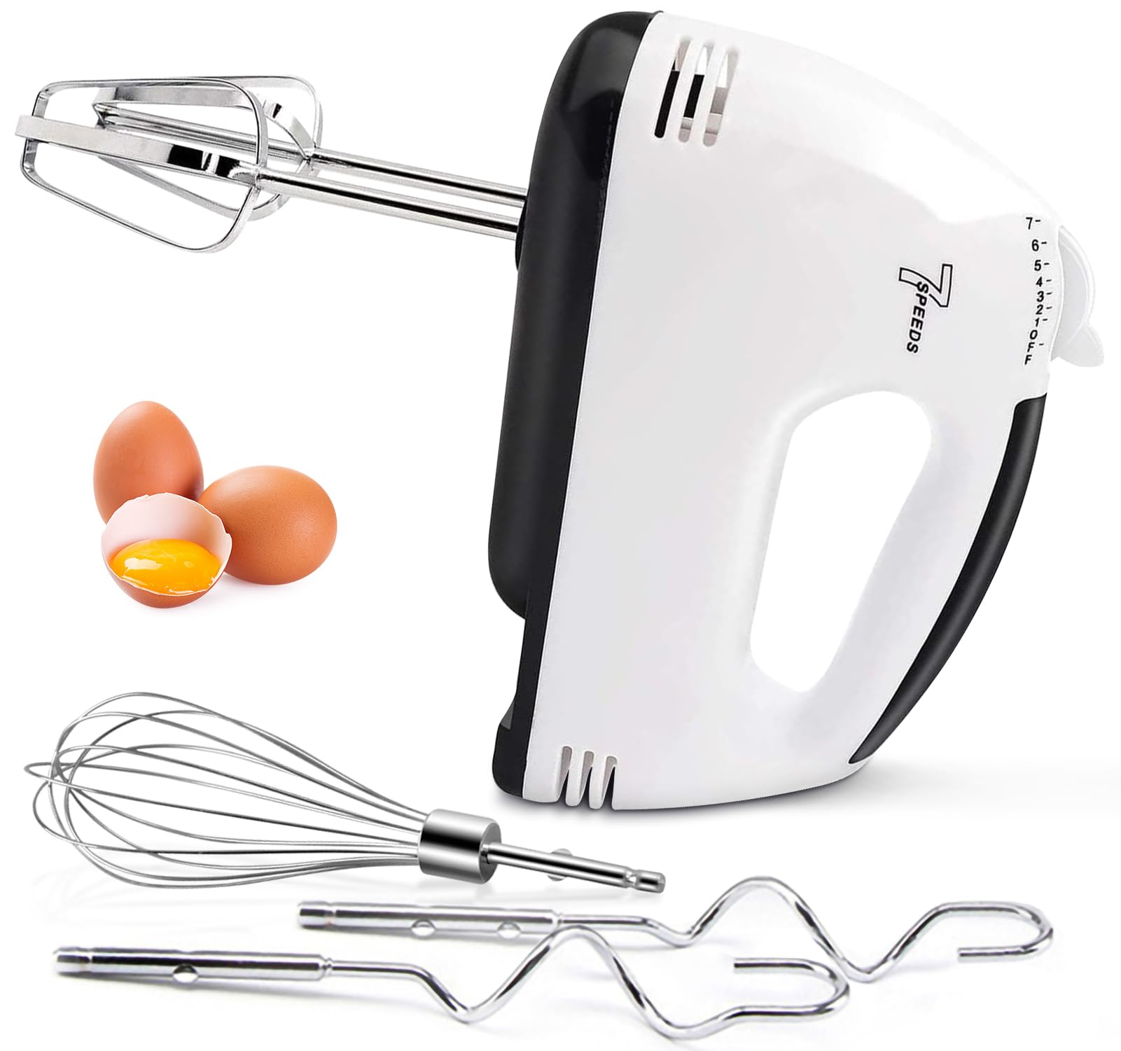 Elektrischer Handmixer – 7-stufiger Mixer Elektrischer Schneebesen mit 5 Edelstahl-Zubehörteilen, Turbo-Boost/Selbststeuerung der Geschwindigkeit + Auswurftaste Lebensmittelmixer für Kuchen und Eier Weiß Angebot bei HelloDeals