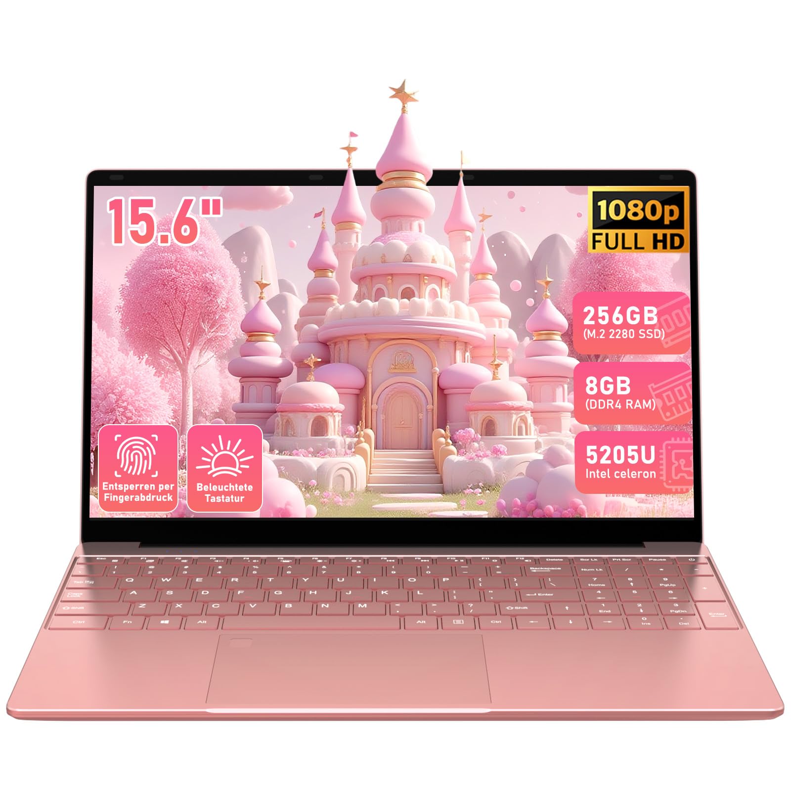 Laptop 15.6 Zoll Günstig (FHD IPS Display), Notebook mit Fingerabdruck & Beleuchteter Tastatur, Roségold, 8GB RAM, 256GB SSD Angebot bei HelloDeals