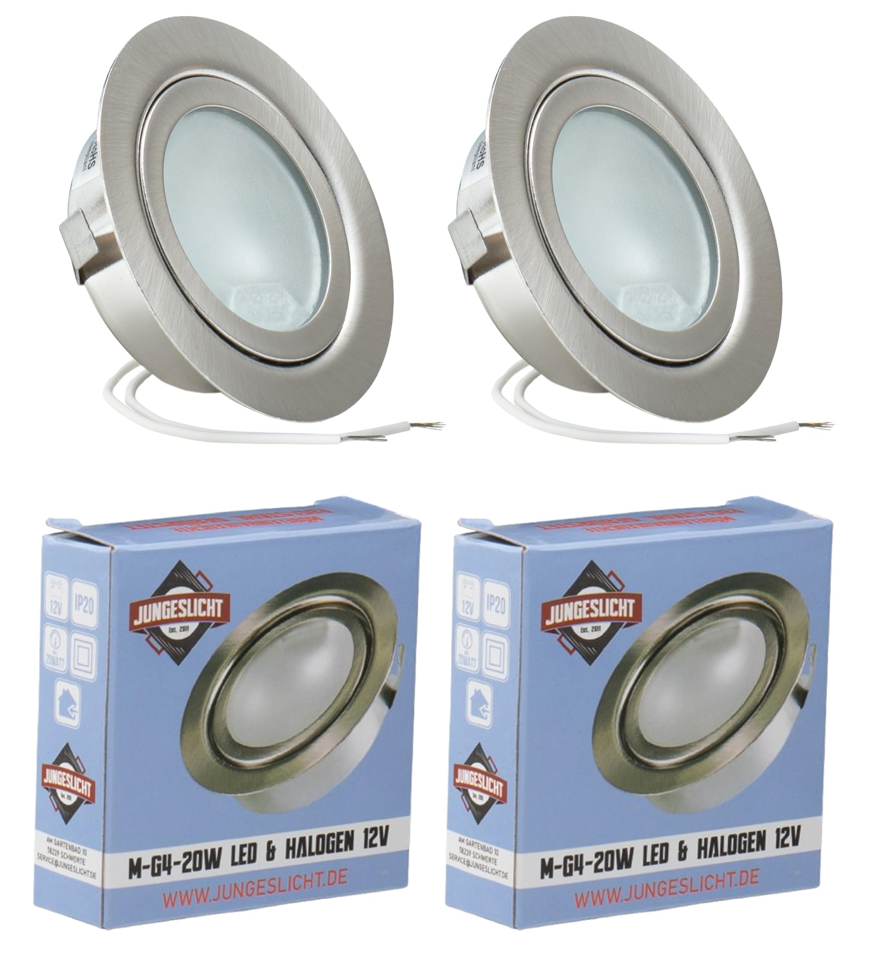 JungesLicht - Möbeleinbauleuchte 12V G4 20W, Bohrloch 55-60mm passend, Tiefe 23mm, Außen 73mm, gebürstet, (Halogen Leuchtmittel inklusive, LED geeignet), dimmbar, Möbelleuchte, Spiegelleuchte, 2 Stück Angebot bei HelloDeals