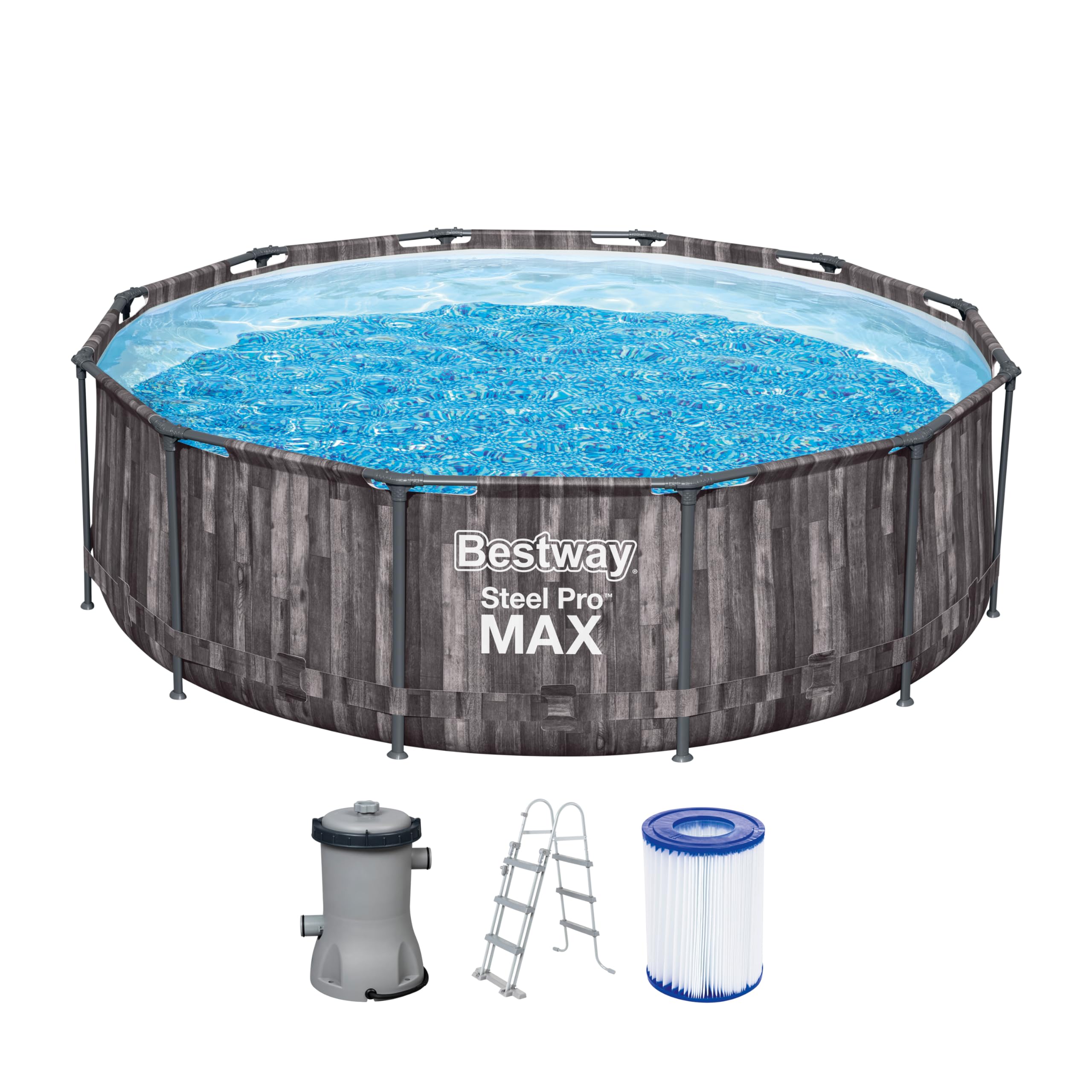 Bestway Steel Pro MAX Frame Pool-Set mit Filterpumpe Ø 366 x 100 cm, Holz-Optik (Mooreiche), rund Single Angebot bei HelloDeals