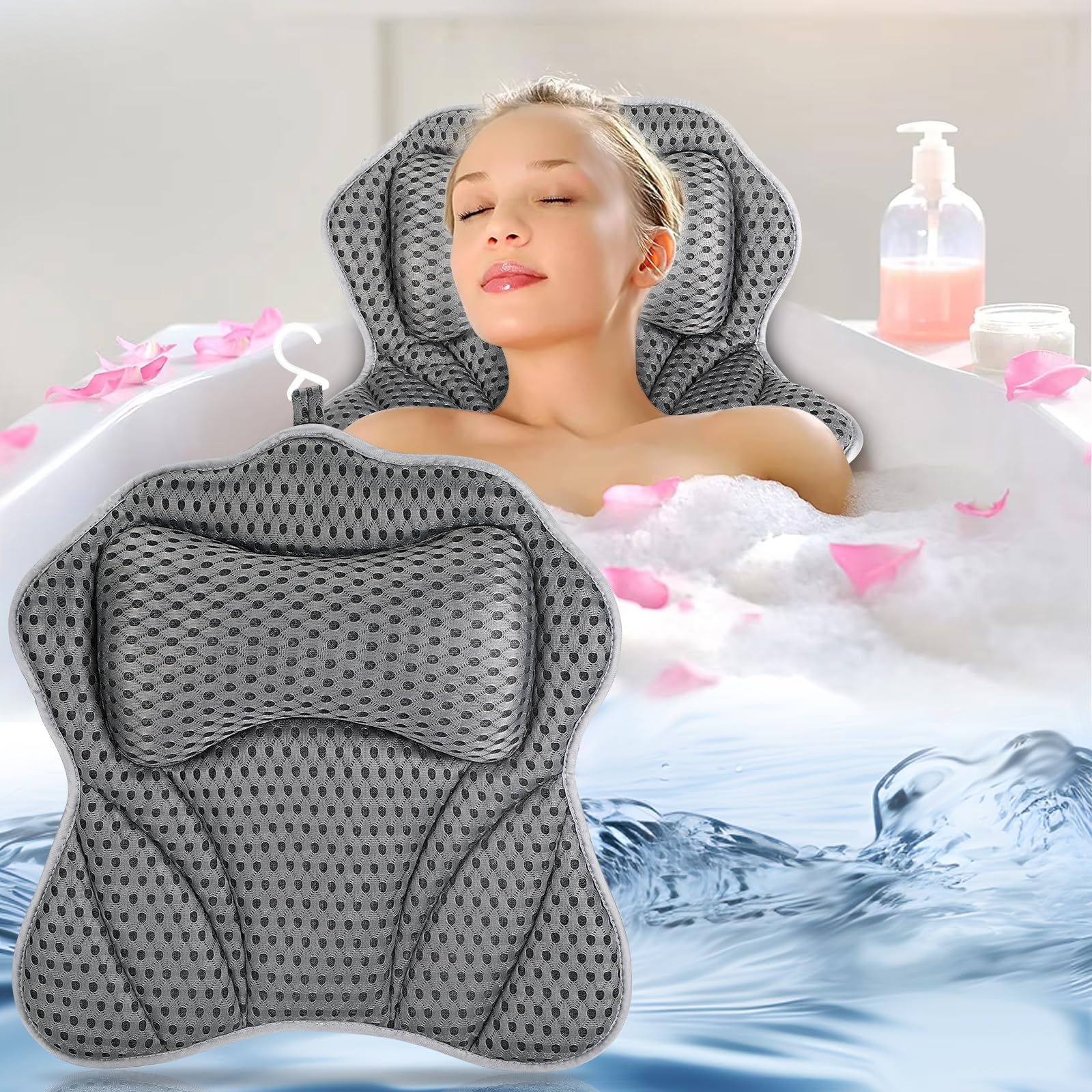 Badewannenkissen mit 2 Starken Saugnäpfen, Badekissen für Badewanne mit 4D-Air-Mesh-Technologie, Badewannenkissen Nacken mit Ergonomischer Passform für Nacken Rücken, Badewanne und Home Spa Angebot bei HelloDeals