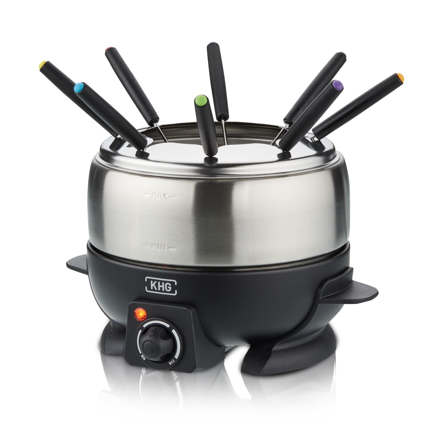 KHG Elektro-Fondue FO-800SE mit Edelstahl-Topf 1,8 L Silber für bis zu 8 Personen, variable Temperatureinstellung, 25x16cm Ideal für Fleisch, Käse oder Schokolade mit 8 Gabeln Spritzschutz 800 W Angebot bei HelloDeals