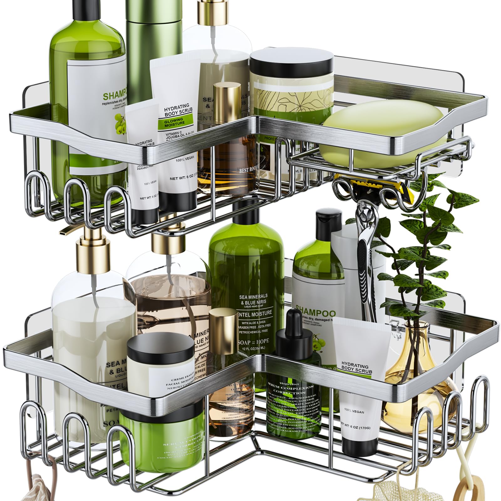 HapiRm Duschablage,Duschablage Ecke Duschregal Ohne Bohren Duschkorb mit 11 Haken Seifenschale und Rasiererhalter,Rostfrei,Badregal für Badezimmer Küche Dusche,6 Selbstklebend Eck-silber Angebot bei HelloDeals