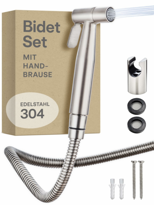 Praknu Bidet Set mit Handbrause, Schlauch & Halter Edelstahl Rostfrei - Inkl. 2 Dichtungen - 𝗘𝗶𝗻𝗳𝗮𝗰𝗵𝗲 𝗠𝗼𝗻𝘁𝗮𝗴𝗲 - WC Handbrause - Bidet Dusche für Standard G1/2 Anschluss Silber Angebot bei HelloDeals