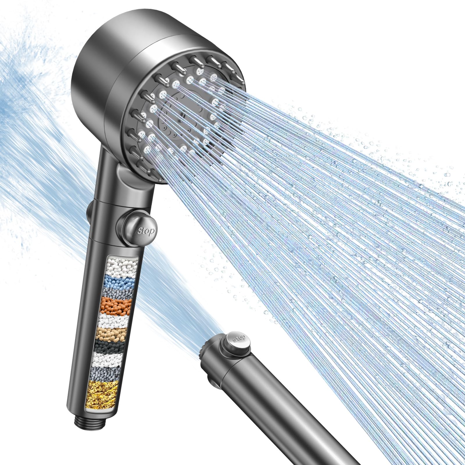FEELSO Duschkopf mit 15-Schichte Filter, 4 Strahlarten Hochdruck Wassersparender Duschbrause mit stoppfunktion, Handbrause mit Anti-Verstopfungsdüsen für Entfernen vom Rest-Chlor, harten Wasser Grau Angebot bei HelloDeals