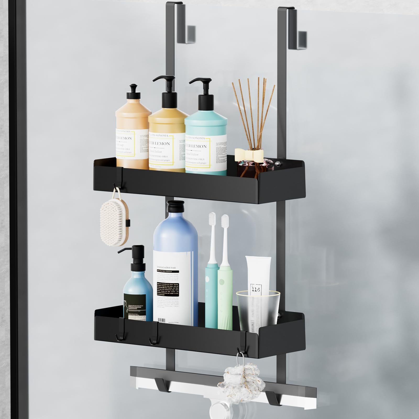 Duschablage zum Hängen, Duschregal zum Hängen für Glasduschtüren, Shampoo Halterung für Dusche, Duschkorb Duschablage Ohne Bohren Schwarz mit 8 Haken, Edelstahl 65.5x30x11.2 cm Angebot bei HelloDeals