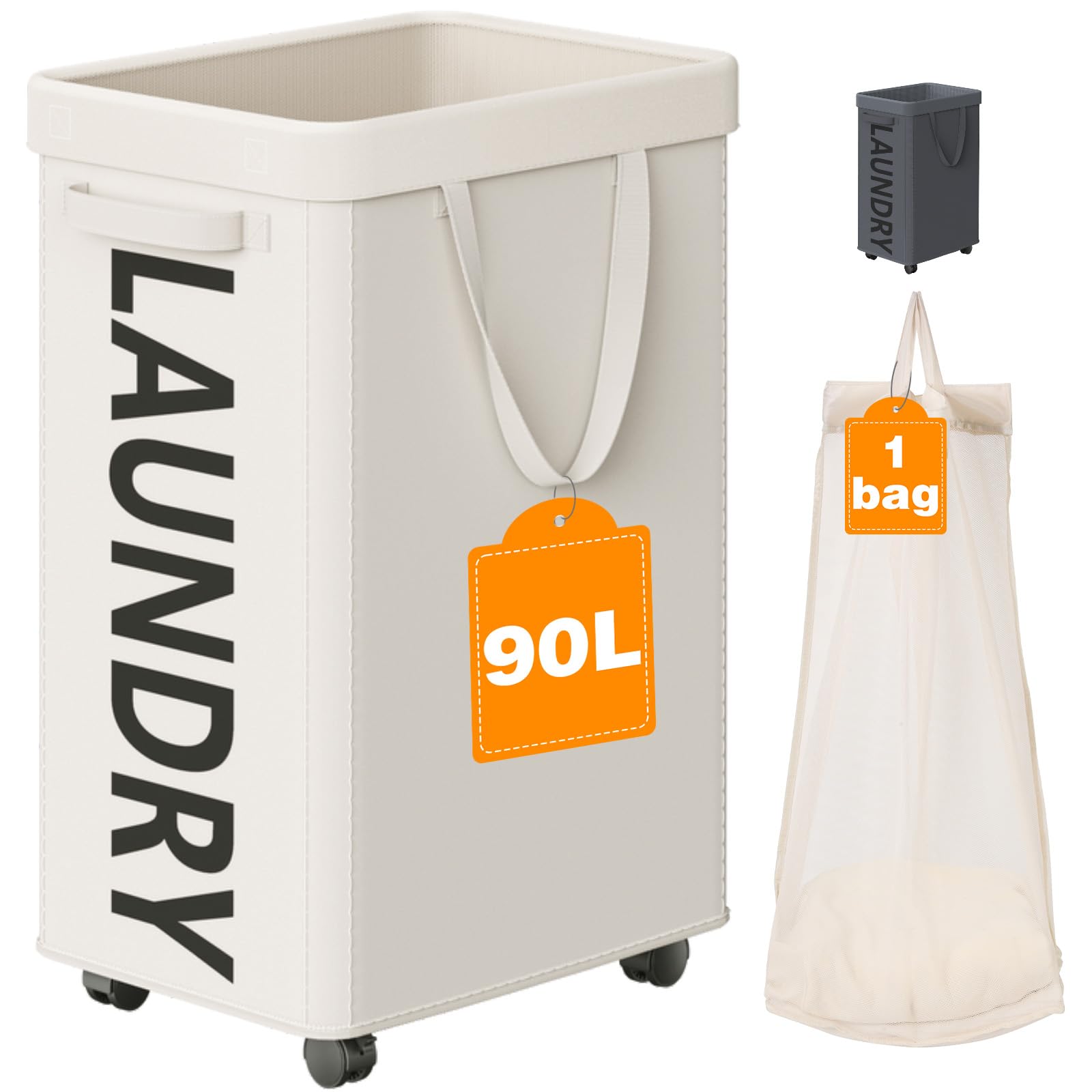 90L Wäschekorb mit Rollen, Wäschekorb Schmal Rollender, Faltbare Wäschekorb mit Herausnehmbarem Netzbeutel für Schlafzimmer, Schlafsaal und Waschküche, Weiß Angebot bei HelloDeals