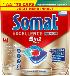 SOMAT Excellence Premium 5in1 Caps (75), schnellauflösende Spülmaschinentabs mit Extra Boost auch im Niedrigtemperatur-, Kurz- & Eco-Programm, entfernen selbst 72 h eingetrocknete Essensreste Frisch 75 stück (1er Pack) Angebot bei HelloDeals